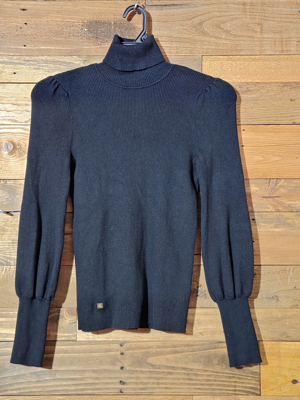 Ralph Lauren Black Ribbed Turtleneck Puff Sleeve Fitted Knit Sweater M